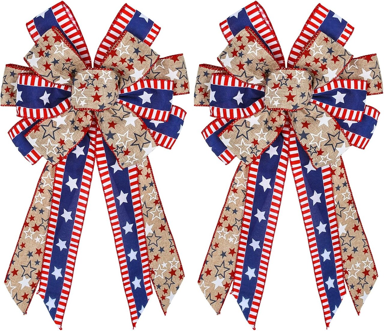 2Pcs Patriotic Large Wreath Bow Red Blue White Stars and Stripes Bow 4th of July Burlap Ribbon Bow